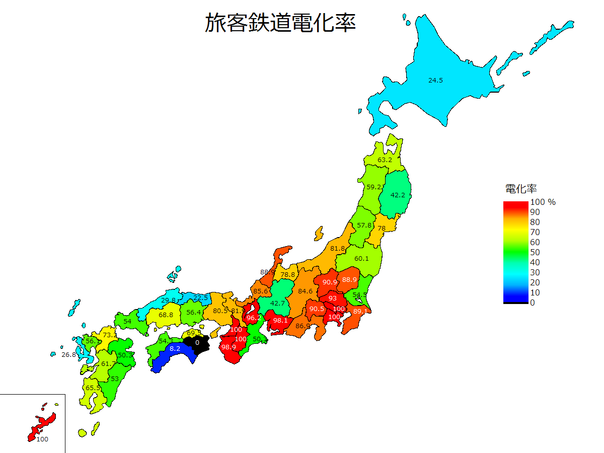 都道府県別　電化率の地図